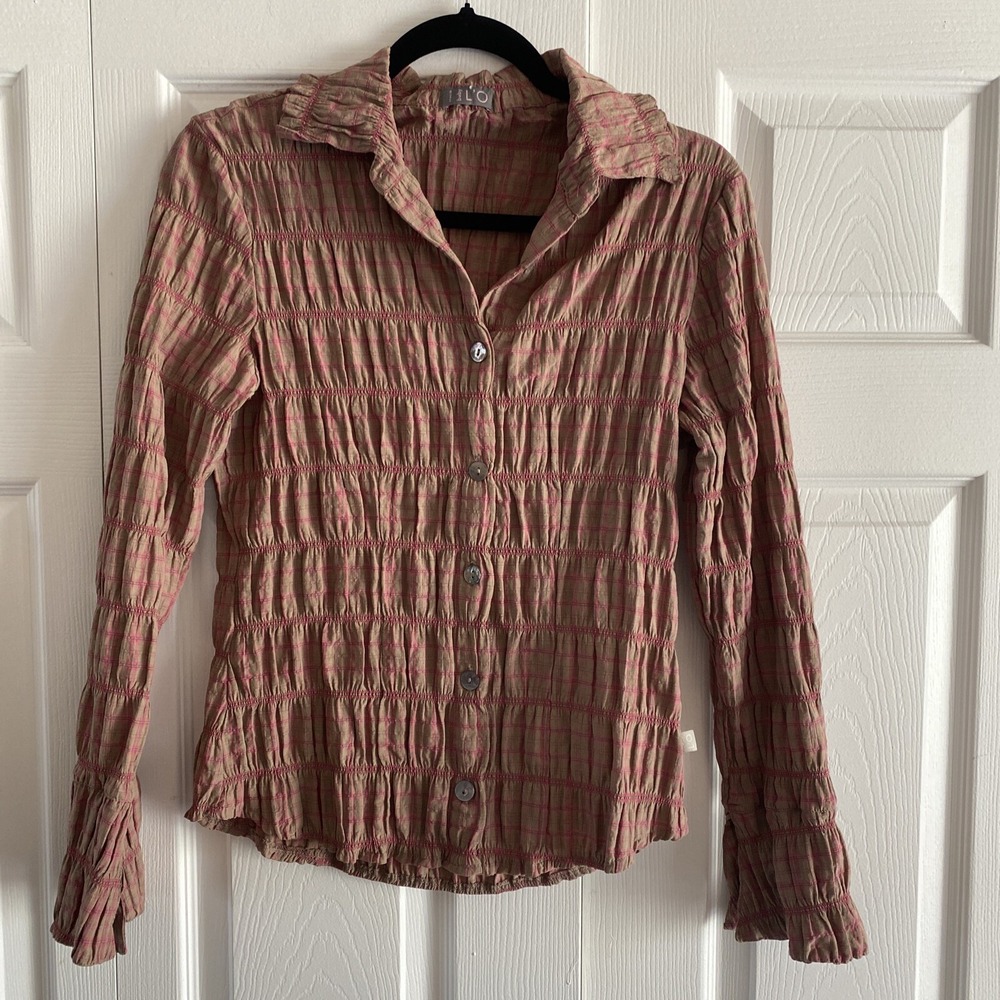 Italia Baby LO Smocked Plaid Shirt Womens Size S Tan Pink Y2K Ruffle Blouse